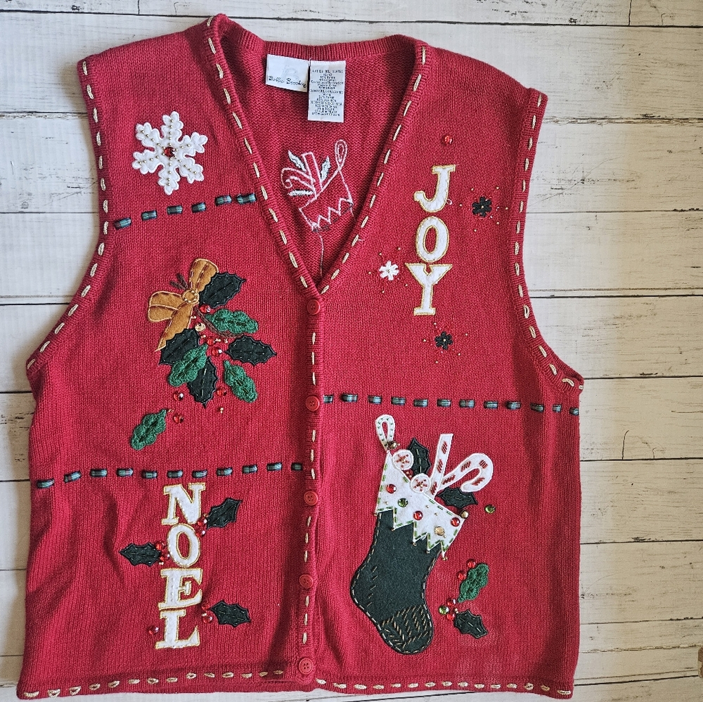 Vintage Bobbie Brooks Holiday Cardigan Vest Joy Noel Stocking Size XL Red